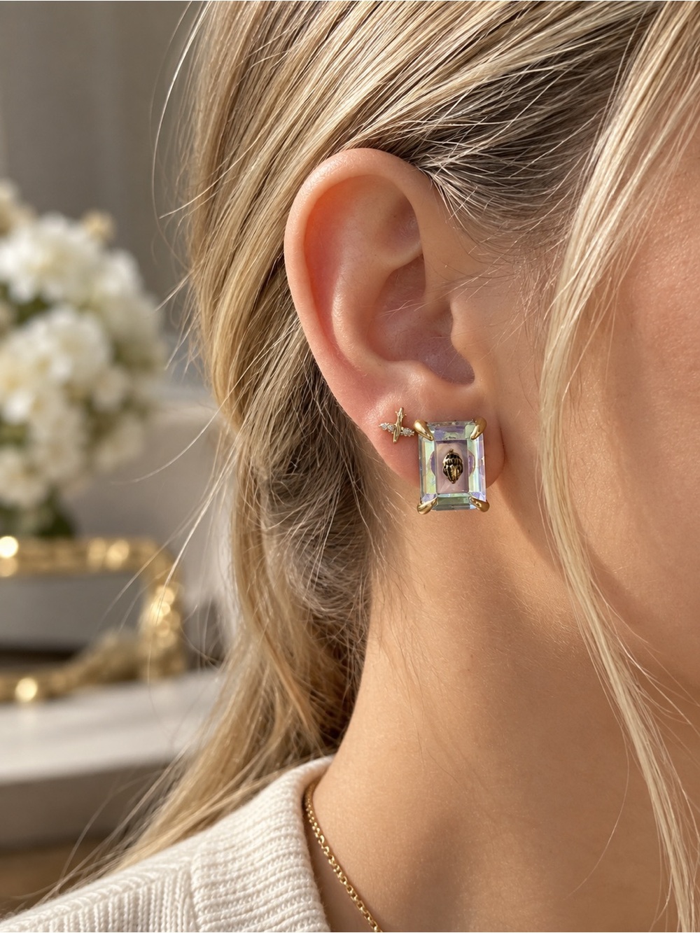 Kurt Geiger Gold-Plated Iridescent Rectangular Crystal Earrings